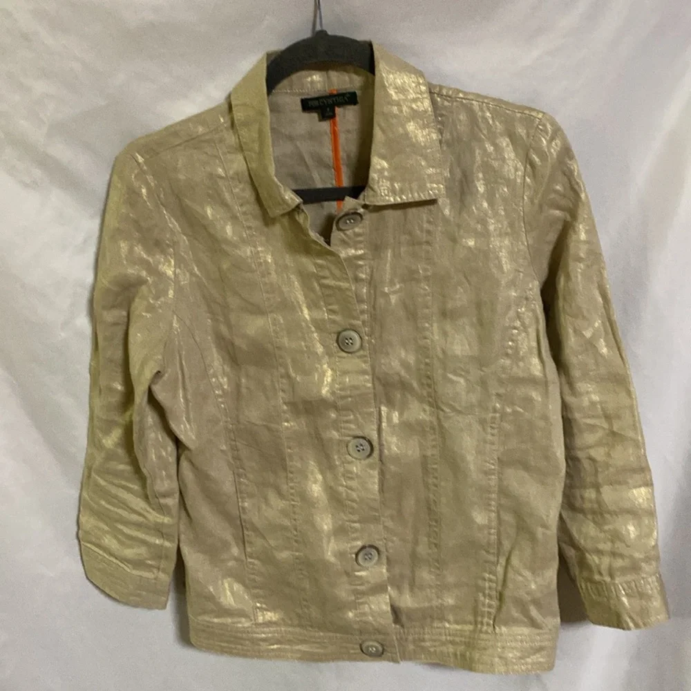 For Cynthia Small 100% Linen Jacket Small Button up Color is Tan